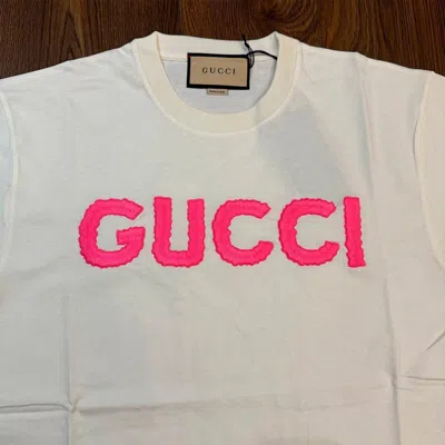 Pre-owned Gucci Pink Embroidery Logo T-shirt Short Sleeve Women Size S In White