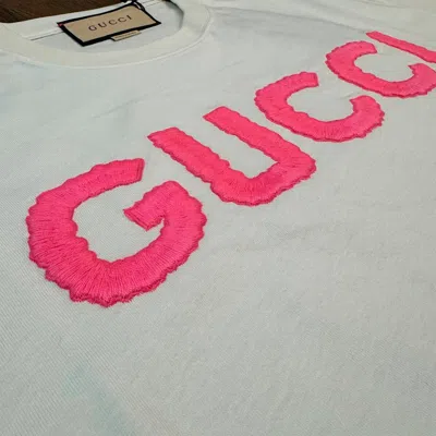 Pre-owned Gucci Pink Embroidery Logo T-shirt Short Sleeve Women Size S In White