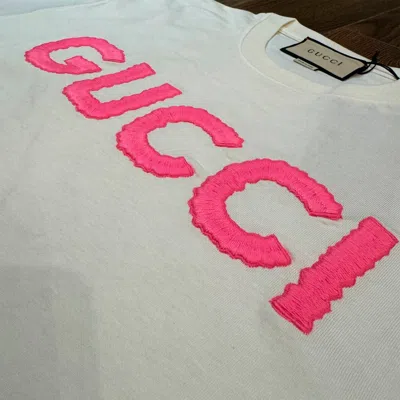 Pre-owned Gucci Pink Embroidery Logo T-shirt Short Sleeve Women Size S In White