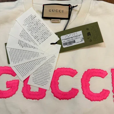 Pre-owned Gucci Pink Embroidery Logo T-shirt Short Sleeve Women Size S In White