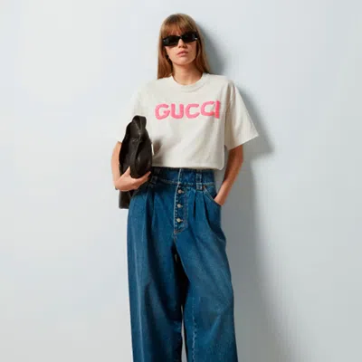 Pre-owned Gucci Pink Embroidery Logo T-shirt Short Sleeve Women Size S In White