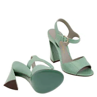 Pre-owned Ferragamo Salvatore  Ladies Sculpted Heel Leather Sandals In Green