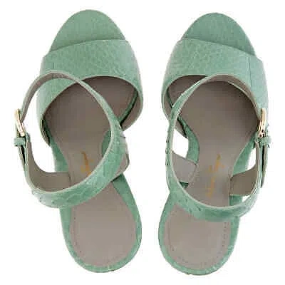 Pre-owned Ferragamo Salvatore  Ladies Sculpted Heel Leather Sandals In Green