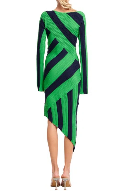 Ciebon Osha Directional Stripe Long Sleeve Asymmetric Knit Dress In Green/navy