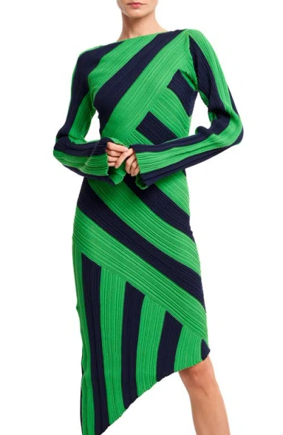 Ciebon Osha Directional Stripe Long Sleeve Asymmetric Knit Dress In Green/navy