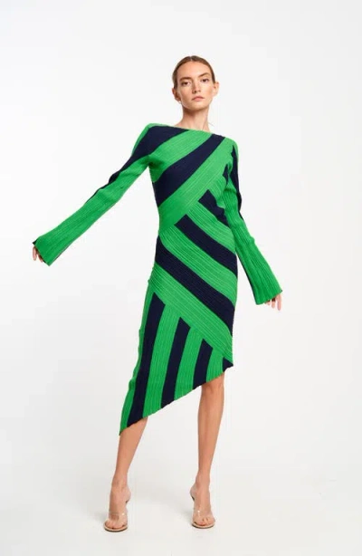 Ciebon Osha Directional Stripe Long Sleeve Asymmetric Knit Dress In Green/navy