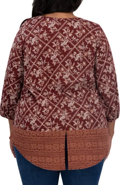Lucky Brand Border Print Top In Burgundy Multi