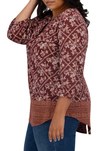 Lucky Brand Border Print Top In Burgundy Multi