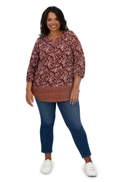 Lucky Brand Border Print Top In Burgundy Multi