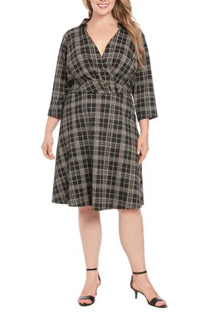 London Times Plaid Fit & Flare Dress In Black/tan