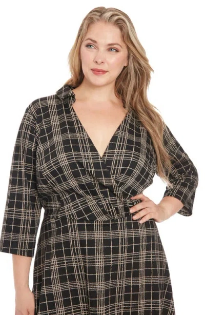London Times Plaid Fit & Flare Dress In Black/tan