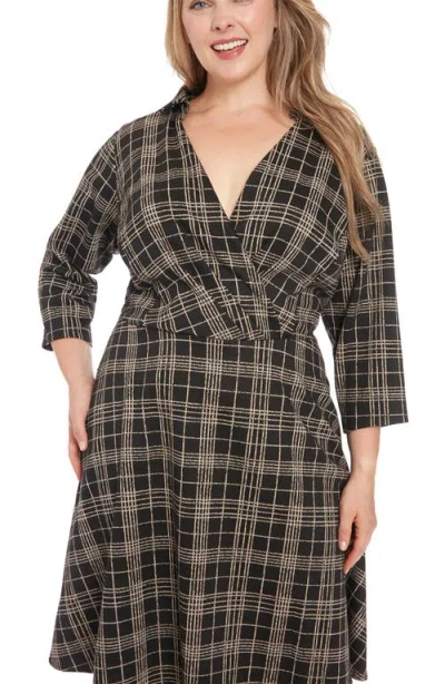 London Times Plaid Fit & Flare Dress In Black/tan