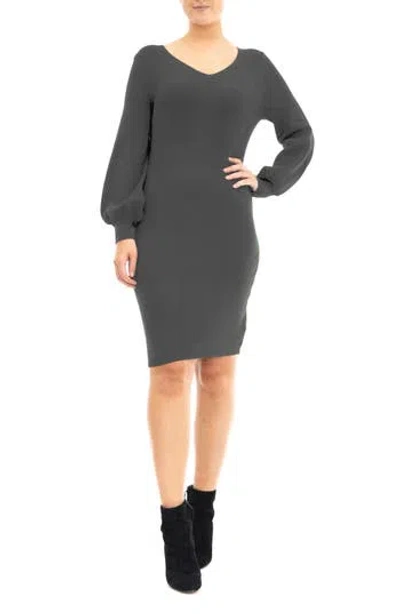 Nina Leonard V-neck Balloon Sleeve Sweater Dress In Smoke