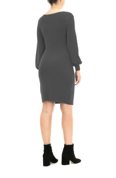 Nina Leonard V-neck Balloon Sleeve Sweater Dress In Smoke
