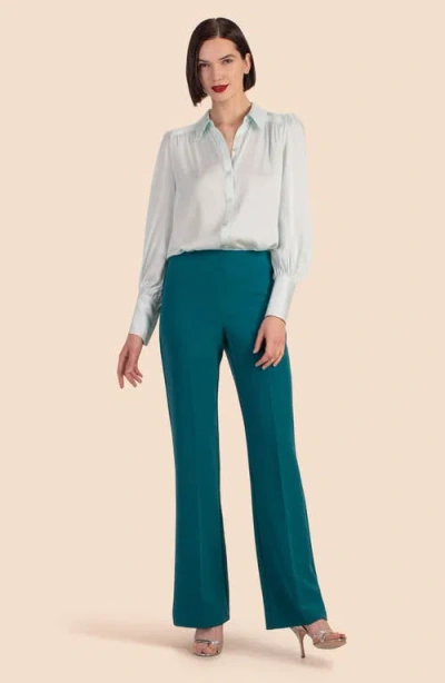 Trina Turk Sagittarius Ruched Bishop-sleeve Top In Blue Frost