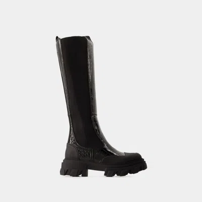 Ganni Knee-high Leather Chelsea Boots In Black