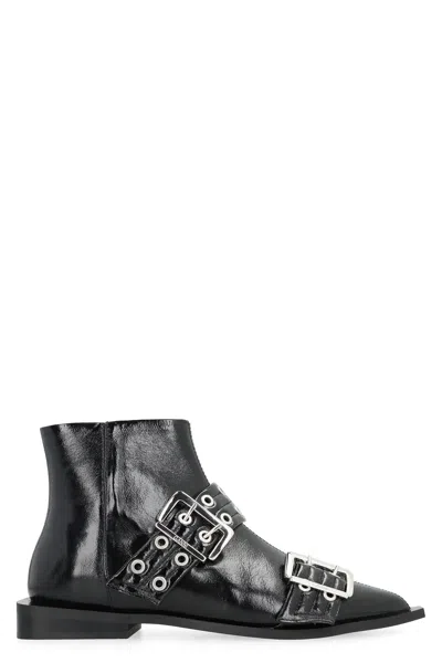 Ganni Black Wide Belt Buckle Ankle Boots In Black