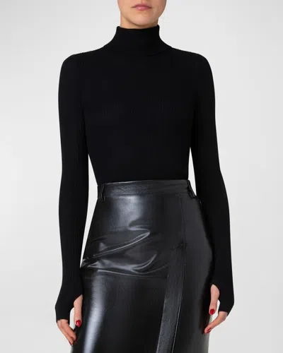 Akris Turtleneck Cashmere-silk Fine Rib Seamless Sweater In Black