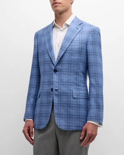 Brioni Men's Silk-cashmere Plaid Sport Coat In Sky Blue