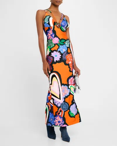 Shop Area Heart-print Strappy Maxi Dress In Orange Multi