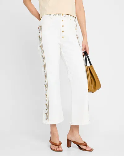 Rabanne Beaded-stripe Button-front Kickflared Ankle Pants In Off White Denim