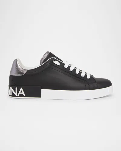 Dolce & Gabbana Portofino Sneakers In Black Leather With Silver Inserts In Blk/silver