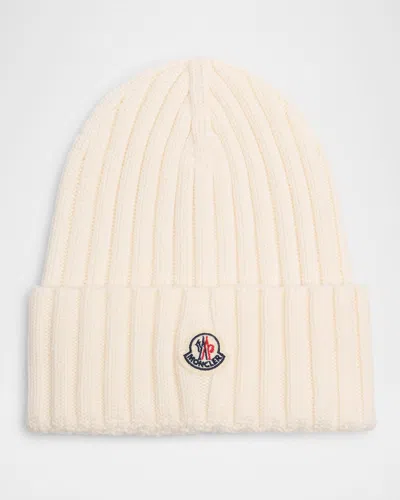 Moncler Ribbed Beanie With Embroidered Logo Detail In White