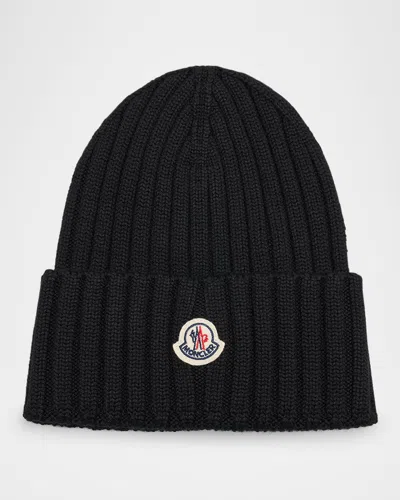 Shop Moncler Logo Ribbed Wool Beanie In Black