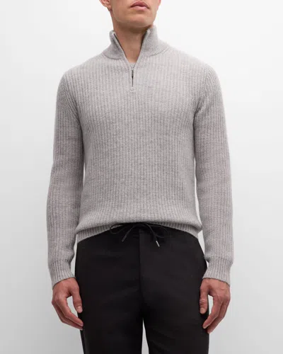 Shop Neiman Marcus Men's Ribbed Quarter-zip Sweater In Platinum