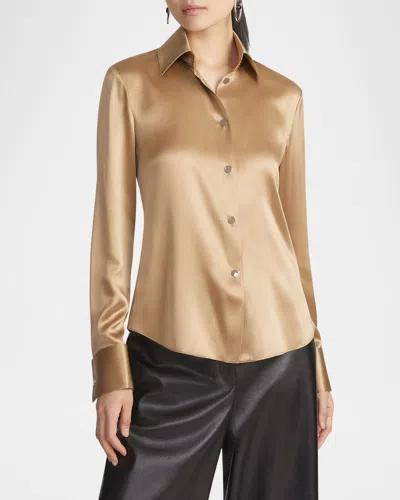 Lafayette 148 Plus-size Silk Charmeuse Button Front Slim Blouse In Camel