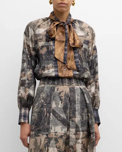 Pierre-louis Mascia Toile-print Silk Blouse In White  Black Multi 513568/101