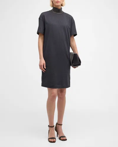 Brunello Cucinelli Monili-collar Shiny Felpa Short-sleeve T-shirt Dress In C055 Anthracite