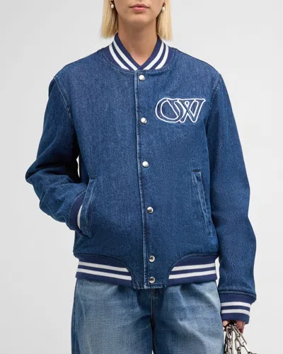 Off-white Embroidered Logo Denim Bomber Jacket In Deep Blue True Blue