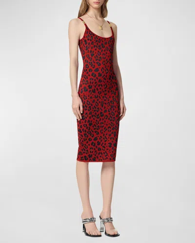 Shop Versace Metallic Animalier Knit Sleeveless Midi Dress In Lipstick Red