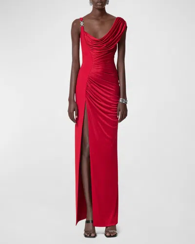 Versace Embellished Crepe And Draped Satin Gown In Lipstick Red