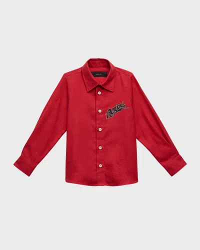 Shop Amiri Boy's Logo Script Flannel Shirt In Red