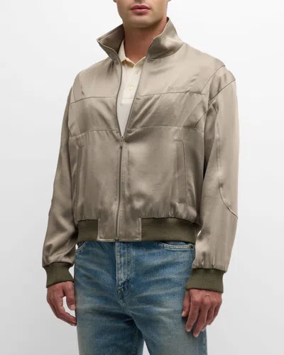 Saint Laurent Men's Satin Bomber Jacket In Kaki-ltgrn