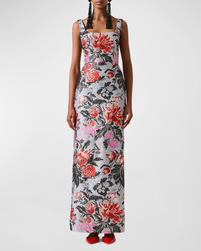 Shop Carolina Herrera Floral Print Jacquard Column Gown In Melange Grey Multi