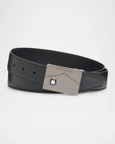 Shop Montblanc Men's Plate-buckle Saffiano Leather Belt In Black