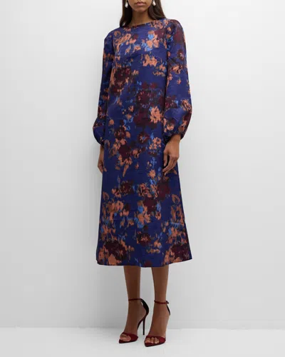 Misook Long Sleeve Woven Maxi Dress In Starry Night Blue/sangria/ Goldenwood/cornflower Blue/parchment