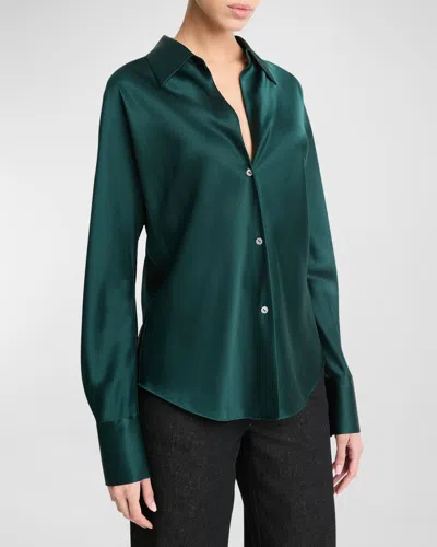 Shop Vince Bias Silk Long-sleeve Blouse In Juniper