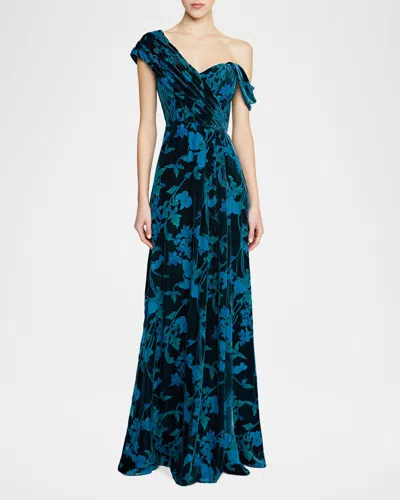 Theia Priscilla One-shoulder Velvet Jacquard Gown In Night Swim