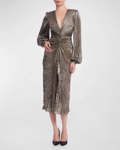 Badgley Mischka V Neck Long Sleeve Plisse Midi Cocktail Dress In Copper In Pewter