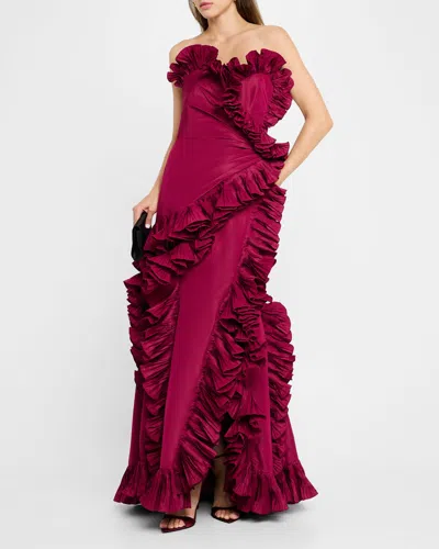 Shop Badgley Mischka Strapless Ruffle Taffeta Gown In Wine