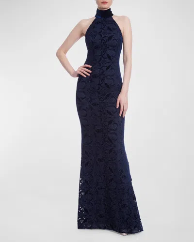 Badgley Mischka Sleeveless Floral Velvet Lace Halter Gown In Navy