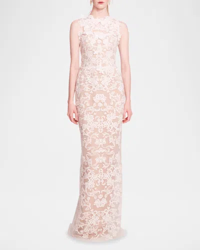 Marchesa Notte Sleeveless Lace Column Gown In Ivory