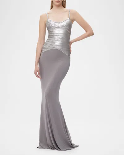 Herve Leger The Violet Bandage Bodice Gown In Steel Foil