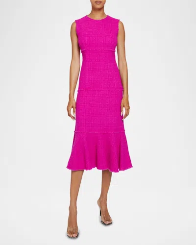 Santorelli Andi Tiered Fringe-trim Tweed Midi Dress In Magenta Multi