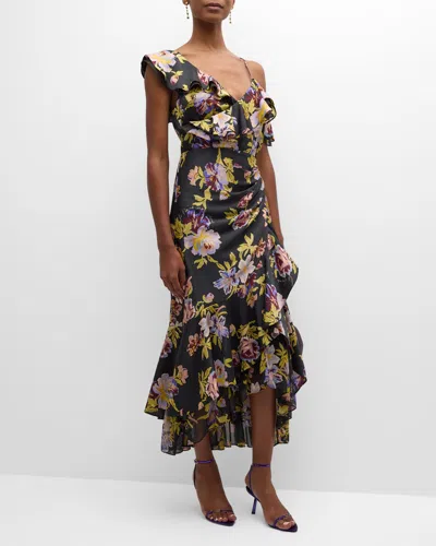 Cinq À Sept Nara One-shoulder Ruffled Floral Midi Dress In Black Multi