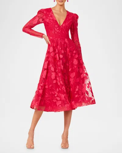 Helsi Parker Long-sleeve Embroidered Leaf Midi Dress In Fuchsiared